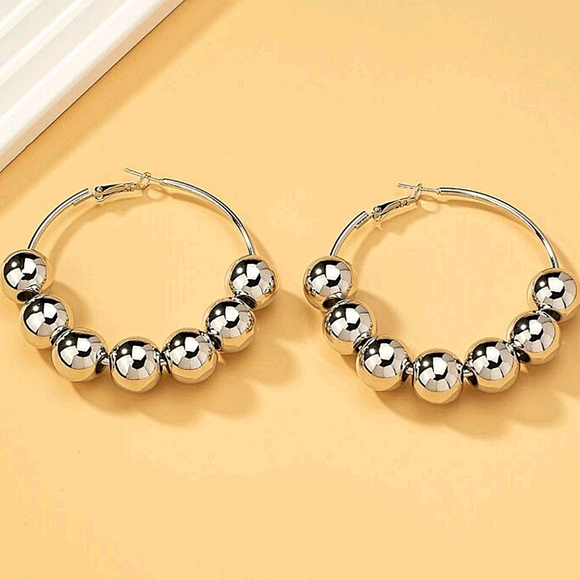 Handmade Sterling Silver Hoop Ball Statement Earrings - Picture 2 of 5